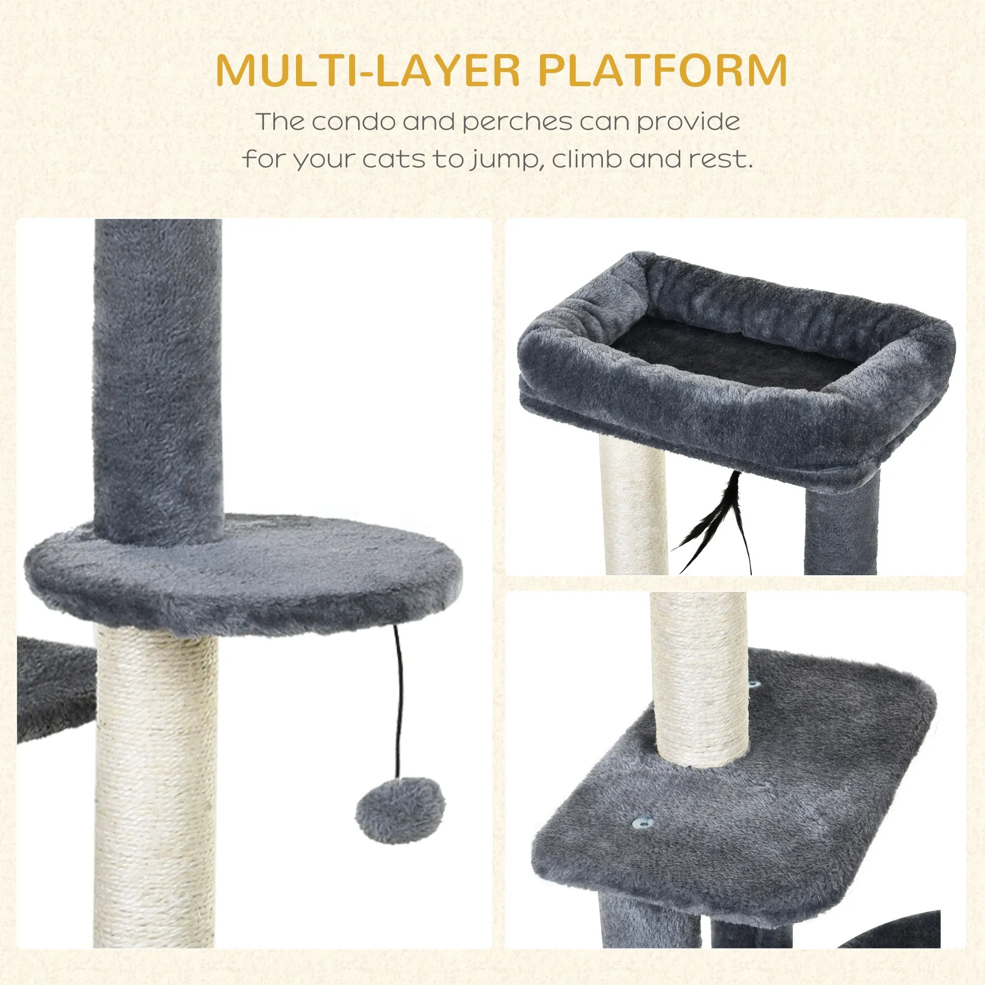 100cm Cat Tree for Indoor Cats, Cat Tower Condo for Kittens with Cat House Sisal Scratching Posts, Hanging Ball Toys, Perches - Grey