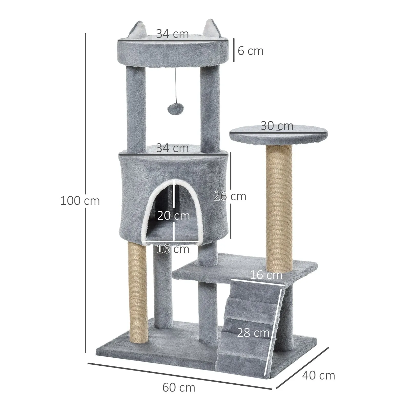 100cm Cat Tree Tower Condo Multi Platform Kitty Cat Center with Climbing Ladder Scratching Post Hanging Toy Ball Light Grey