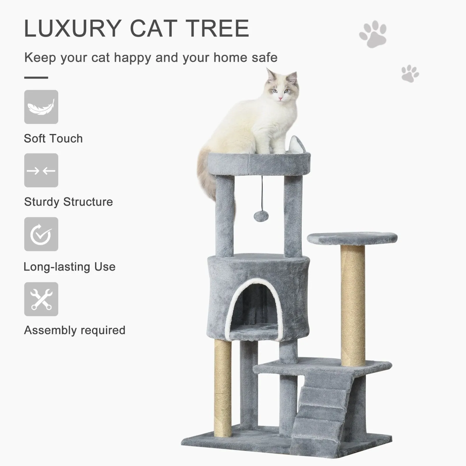 100cm Cat Tree Tower Condo Multi Platform Kitty Cat Center with Climbing Ladder Scratching Post Hanging Toy Ball Light Grey