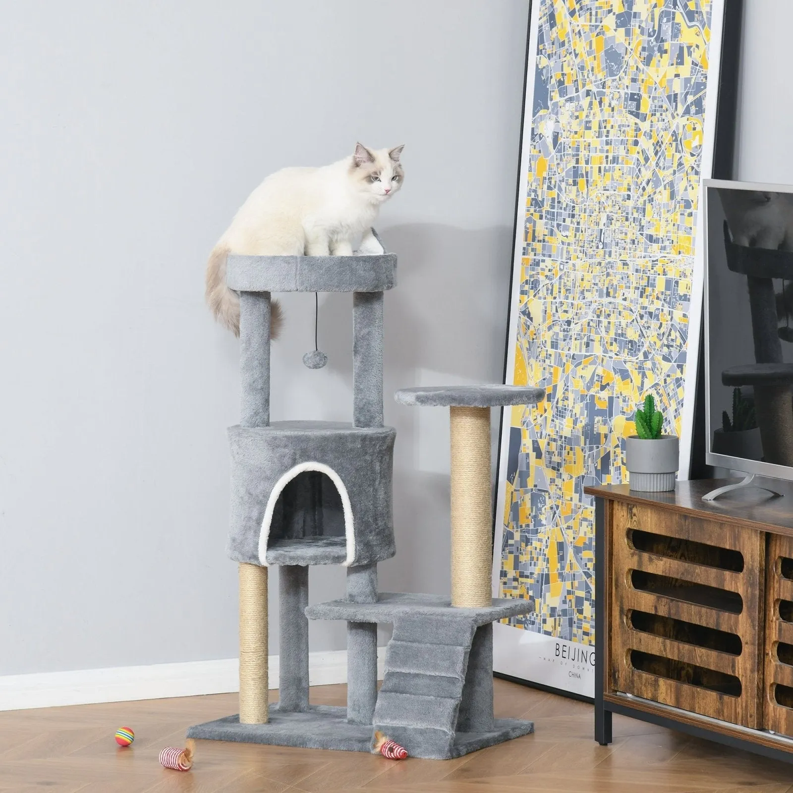 100cm Cat Tree Tower Condo Multi Platform Kitty Cat Center with Climbing Ladder Scratching Post Hanging Toy Ball Light Grey