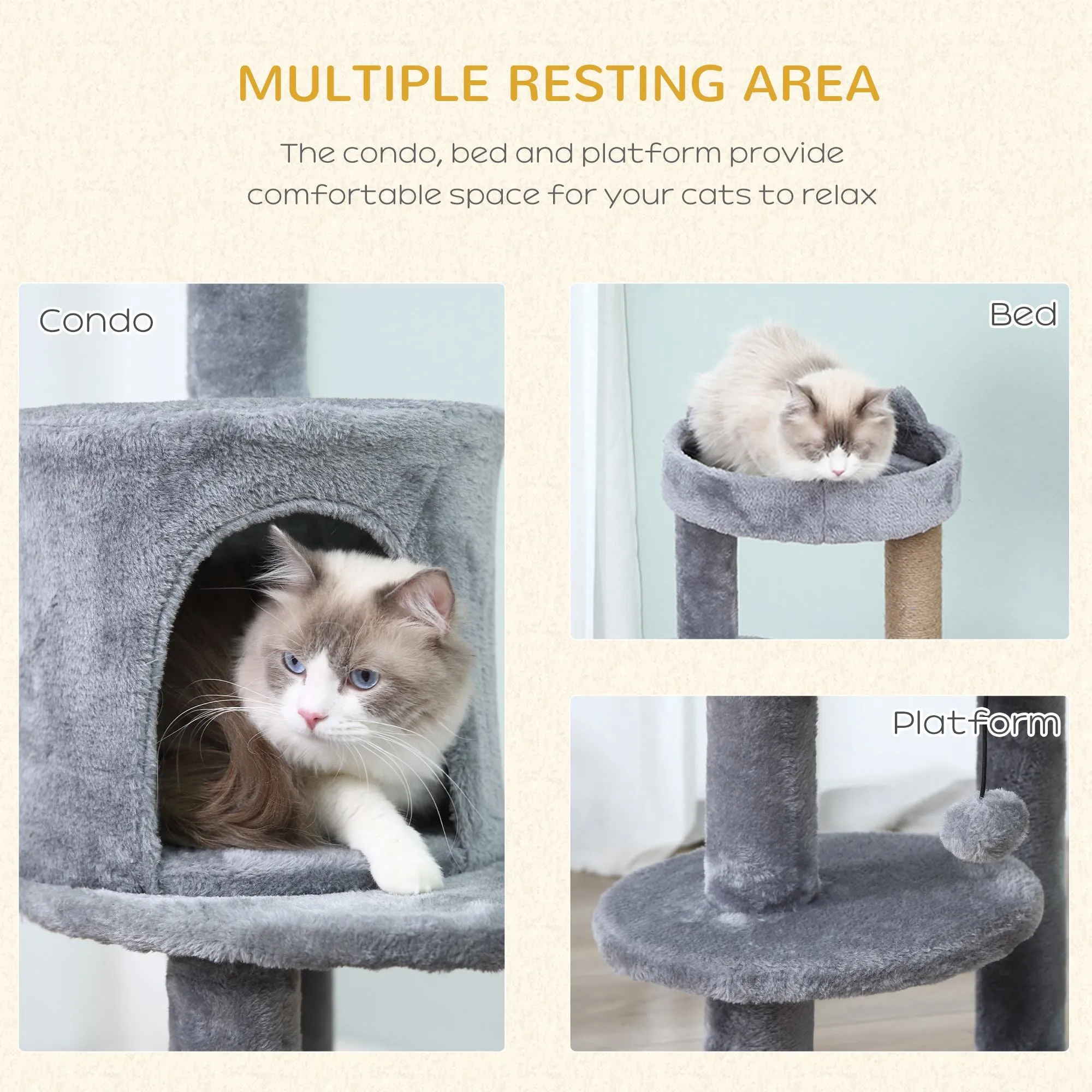 104 cm Cat Tree, Cat Condo Tree Tower, Cat Activity Centre with Scratching Posts, Plush Perch, Hanging Ball - Grey