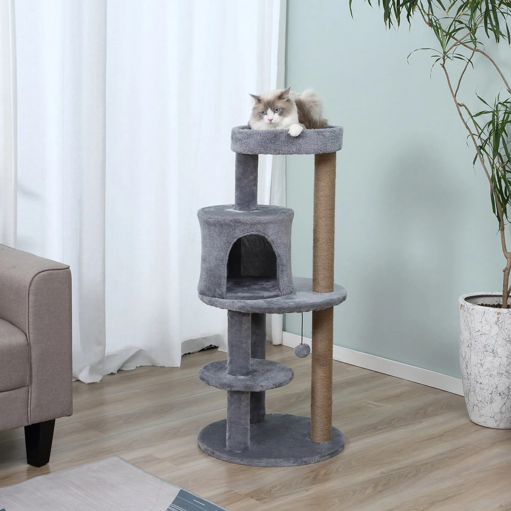 104 cm Cat Tree, Cat Condo Tree Tower, Cat Activity Centre with Scratching Posts, Plush Perch, Hanging Ball - Grey