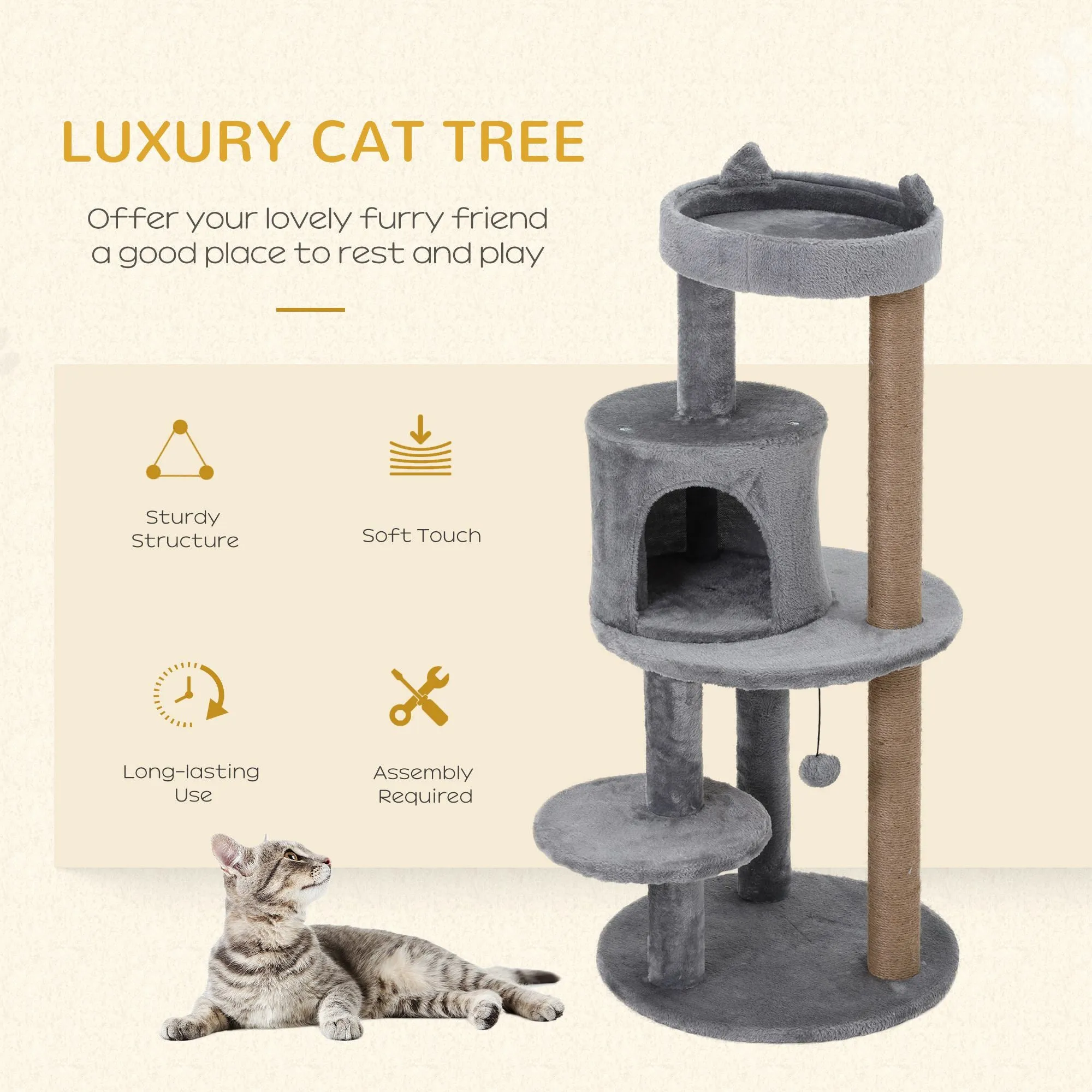 104 cm Cat Tree, Cat Condo Tree Tower, Cat Activity Centre with Scratching Posts, Plush Perch, Hanging Ball - Grey