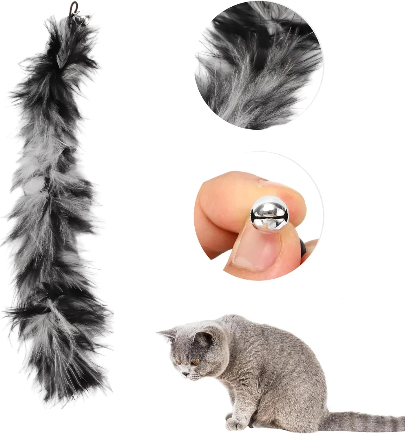 2 Pcs Feather Cat Wand Replacement for Pet Interactive, Cat Wand Refill Attachments for Indoor and Outdoor Cats, Gray Black