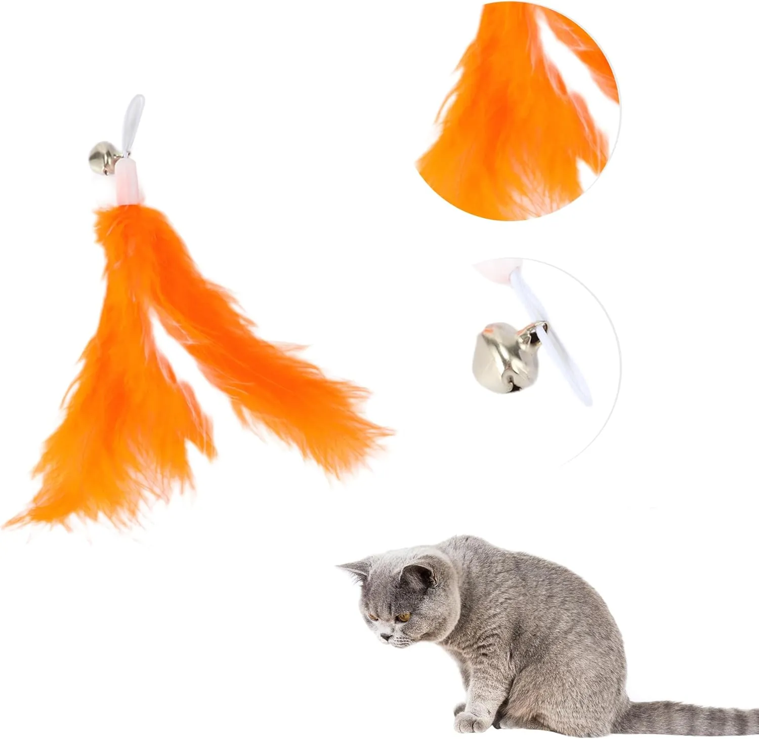2 Pcs Feather Cat Wand Replacement for Pet Interactive, Cat Wand Refill Attachments for Indoor and Outdoor Cats, Orange White