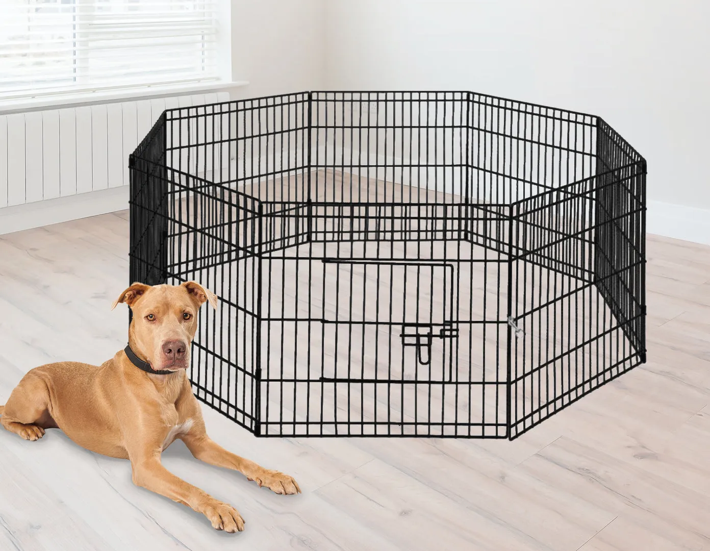 24" Black Powder-Coated Steel Pet Playpen, 8 Panels
