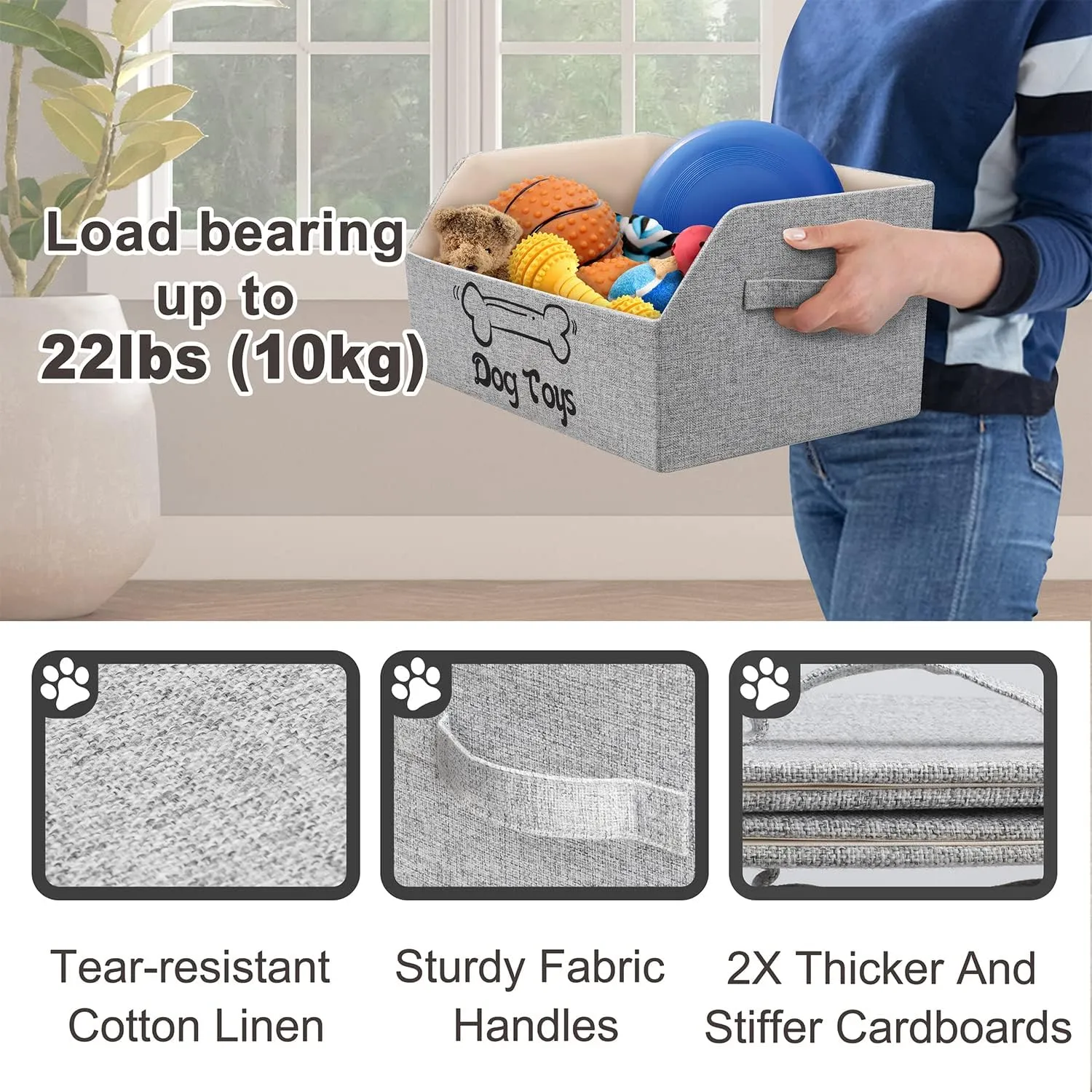 2X Thicker Large Dog Toy Bin Collapsible Dog Toy Box Sturdy Dog Toy Basket Puppy Toy Storage Bed for Organizing Dog Toys Treats Clothes and Accessories