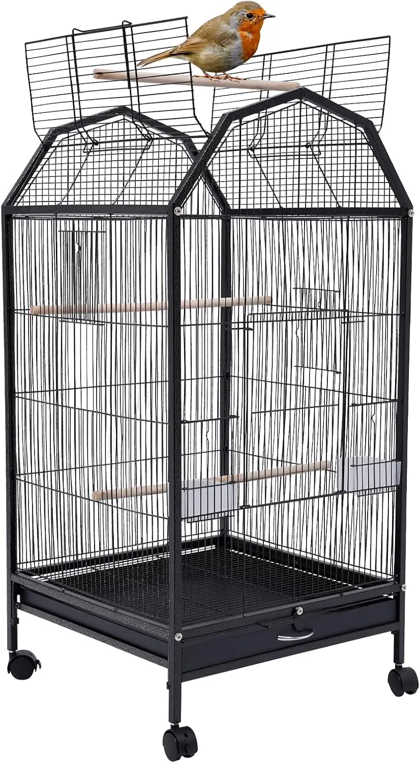 36.9 Inch Parakeet Bird Cage, Wrought Iron Flight Bird Cage Pet Bird Cages with 4 Universal Wheels 3 Standing Poles Rolling Stand Bird Playground for Parrot Lovebirds Finches Canaries Parakeets