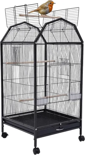 36.9 Inch Parakeet Bird Cage, Wrought Iron Flight Bird Cage Pet Bird Cages with 4 Universal Wheels 3 Standing Poles Rolling Stand Bird Playground for Parrot Lovebirds Finches Canaries Parakeets