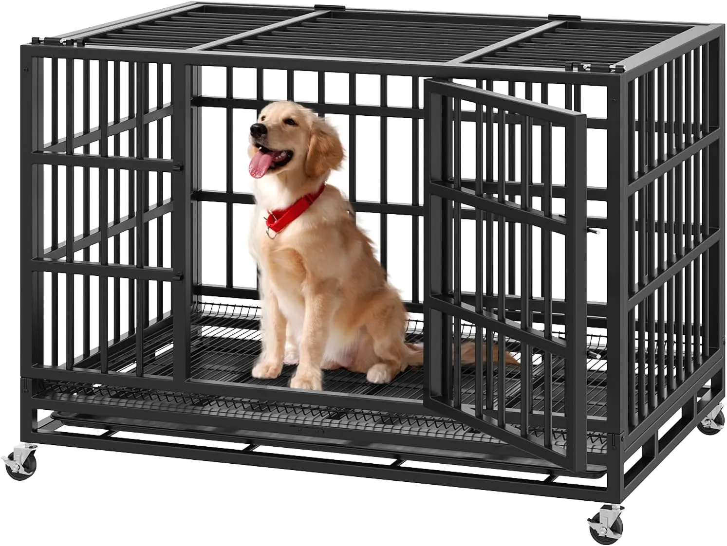 54/48/38 inch Heavy Duty Indestructible Dog Crates for Large DogsEscape Proof Dog Cage Large Dogs with Lockable WheelsDog Kennel Furniture Indoor&Outside