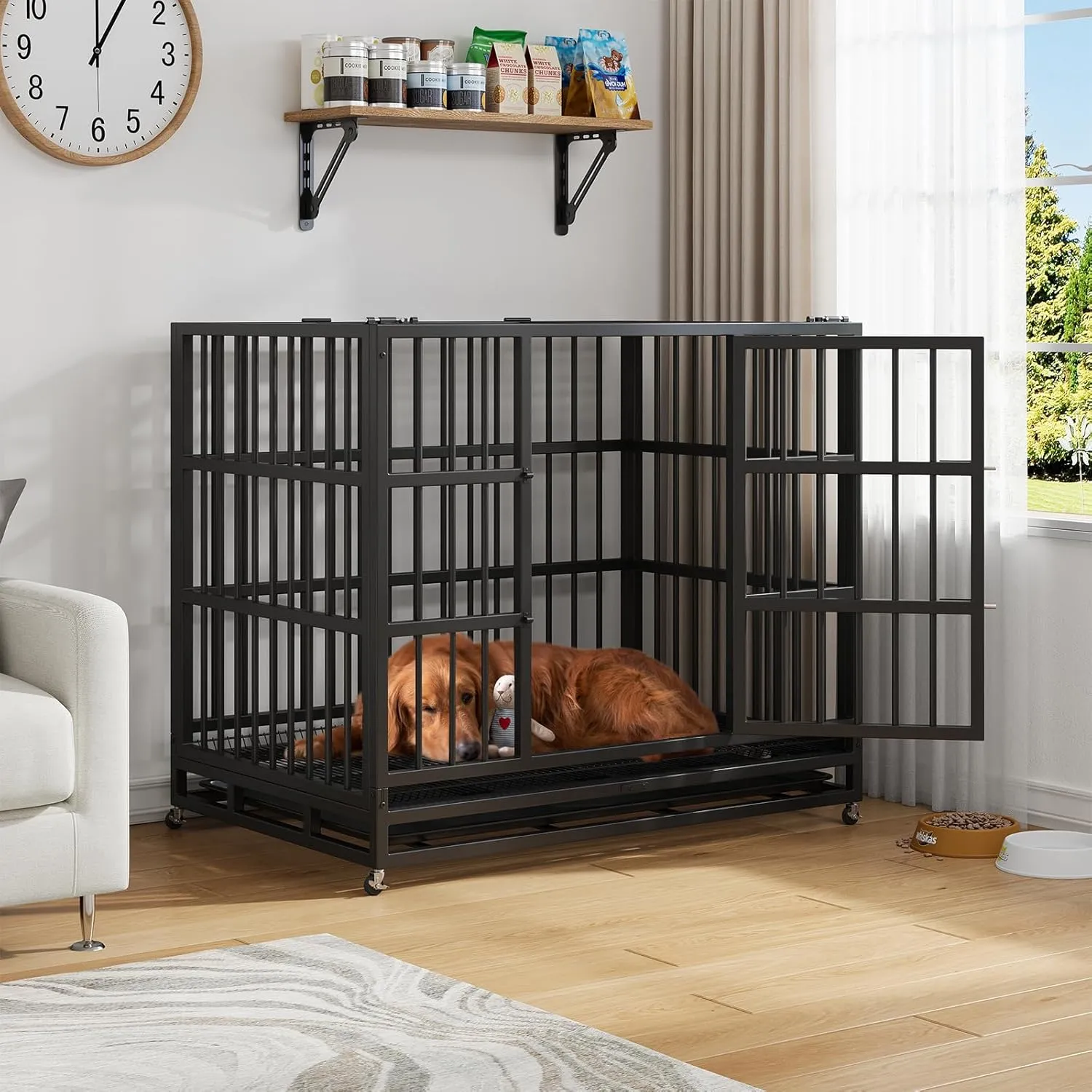 54/48/38 inch Heavy Duty Indestructible Dog Crates for Large DogsEscape Proof Dog Cage Large Dogs with Lockable WheelsDog Kennel Furniture Indoor&Outside