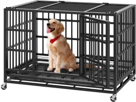 54/48/38 inch Heavy Duty Indestructible Dog Crates for Large DogsEscape Proof Dog Cage Large Dogs with Lockable WheelsDog Kennel Furniture Indoor&Outside