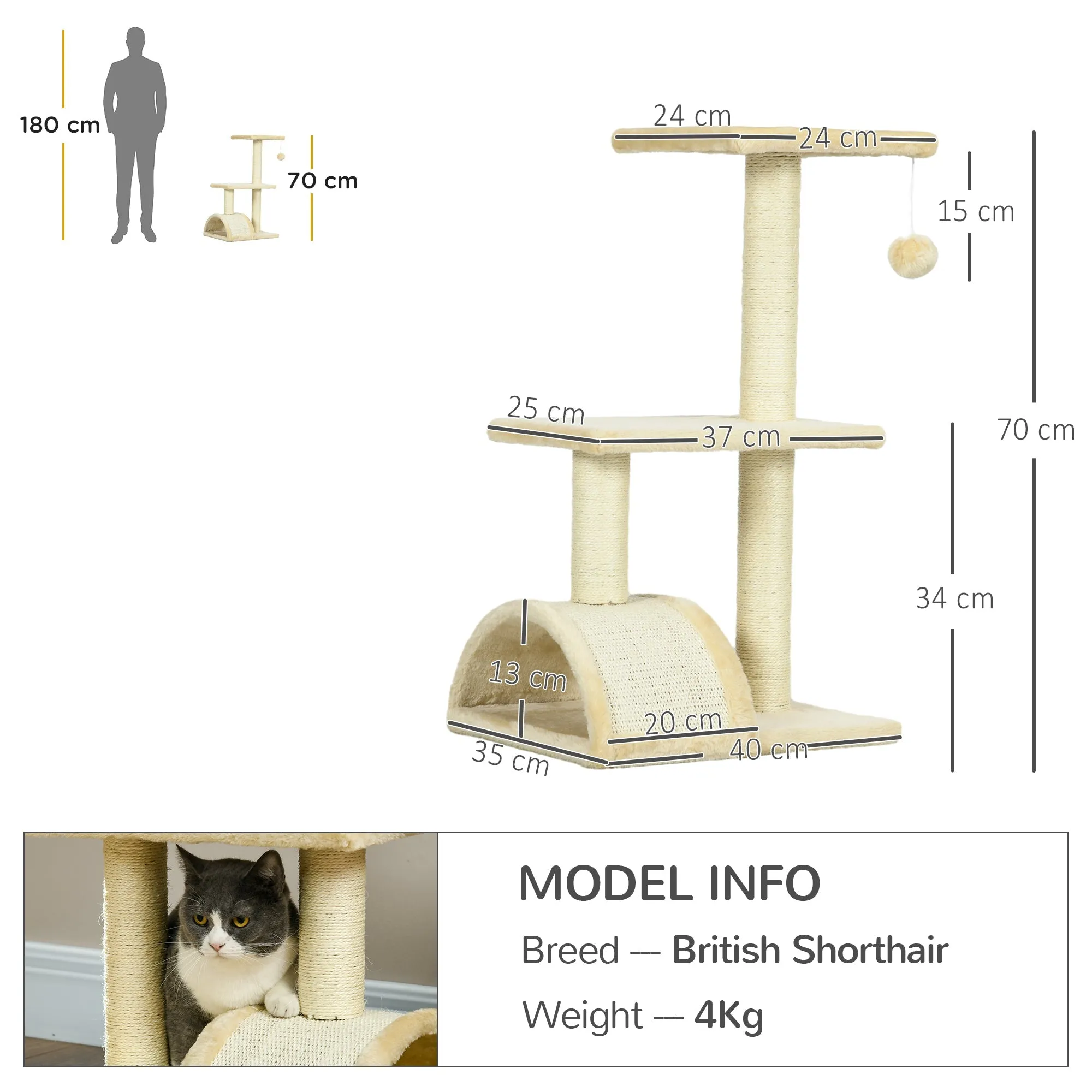 72cm Cat Tree with Scratching Post Pad for Indoor Cats - Cream White