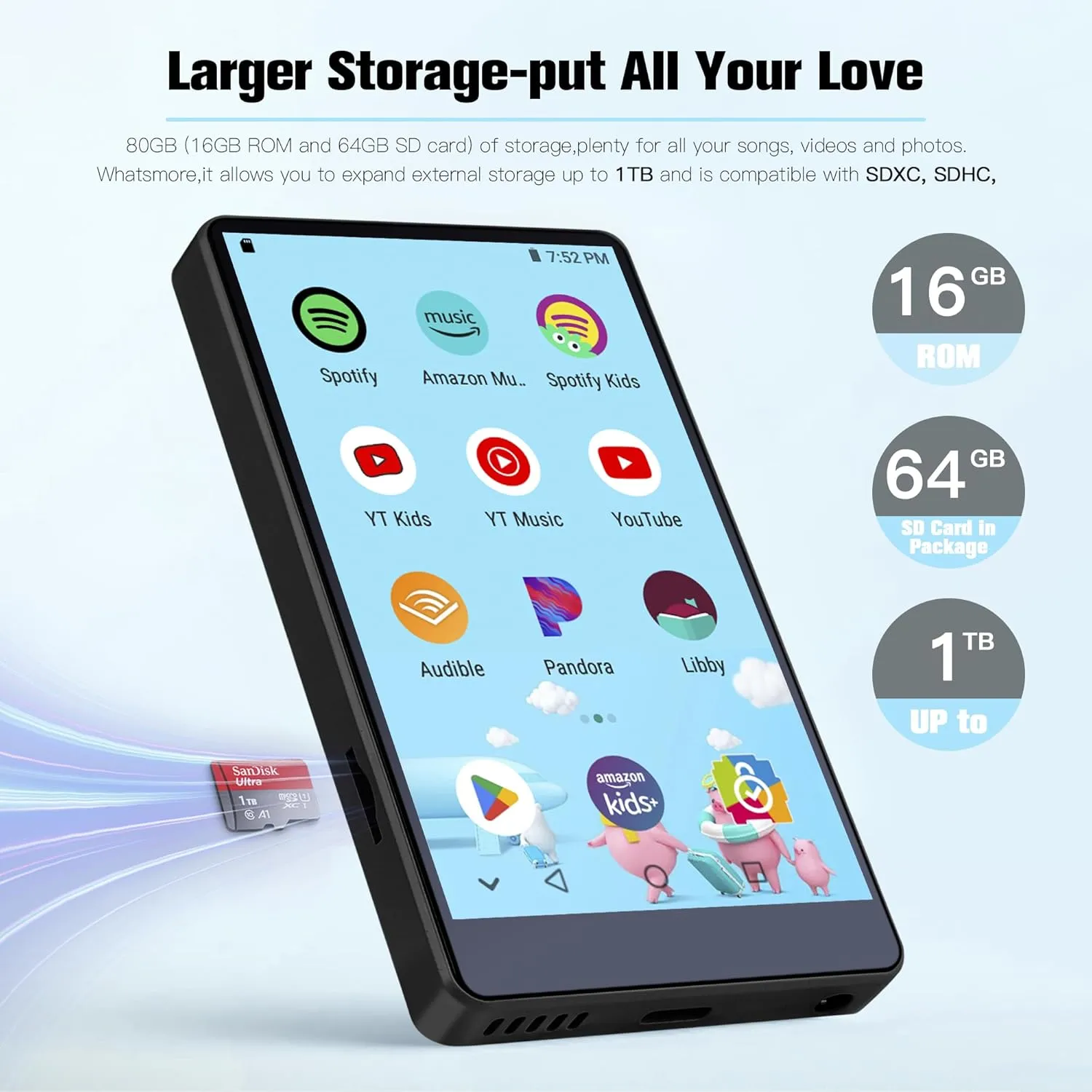 80GB MP3 Player with Bluetooth and WiFi, Mp3 & Mp4 Music Player with Spotify, Amazon Music,YouTube, Audible, Browser, 4.0" IPS Touch Screen Android Player with Speaker,FM Radio 2000mAh,Up to 1TB