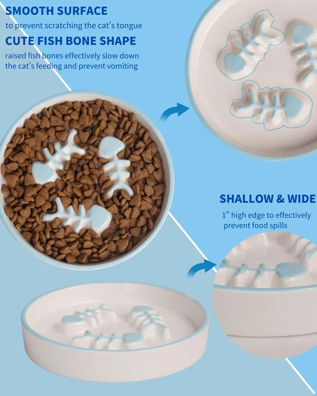 Adorable Whisker-Friendly Cat Slow Feeding Bowl, Upgraded Model,with Metal Stand, Prevents Whisker Fatigue, Promotes Healthy Eating, Prevents Vomiting and Indigestion, Cute Ceramic Pet Bowl
