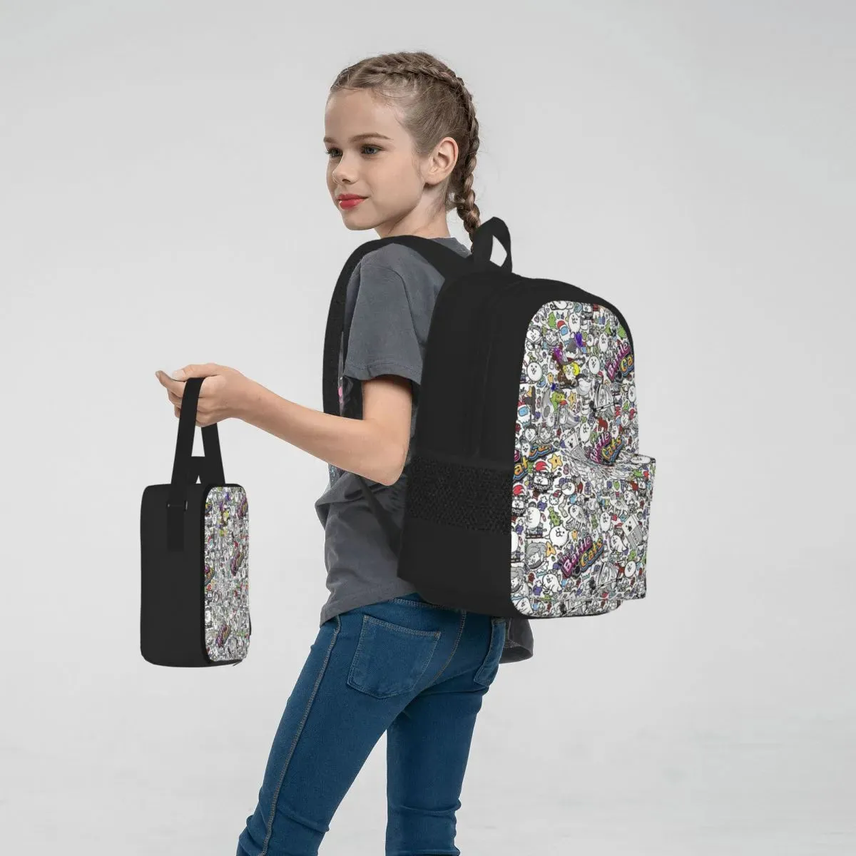 Adventure Awaits with Cat Battle Children's School Bags Pencil case and lunch bag 3 in 1 - Let the Fun Begin!