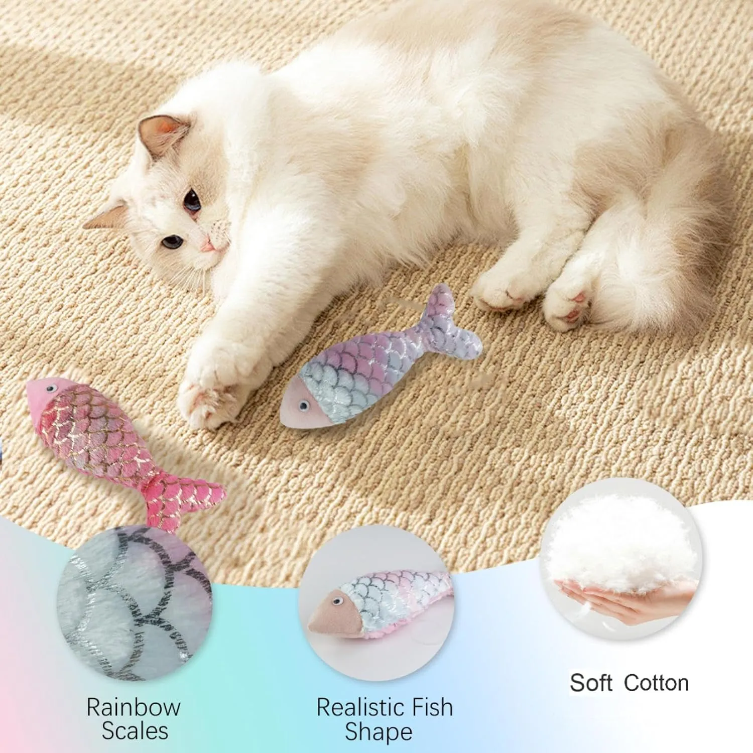Andiker Cat Fish Toys, 10 Inches Plush Catnip Toys with Soft Rainbow Scales and Cotton Hugging, Biting and Chewing Interactive Cat Toys for Indoor Cats and Kitten (Colorful, L)