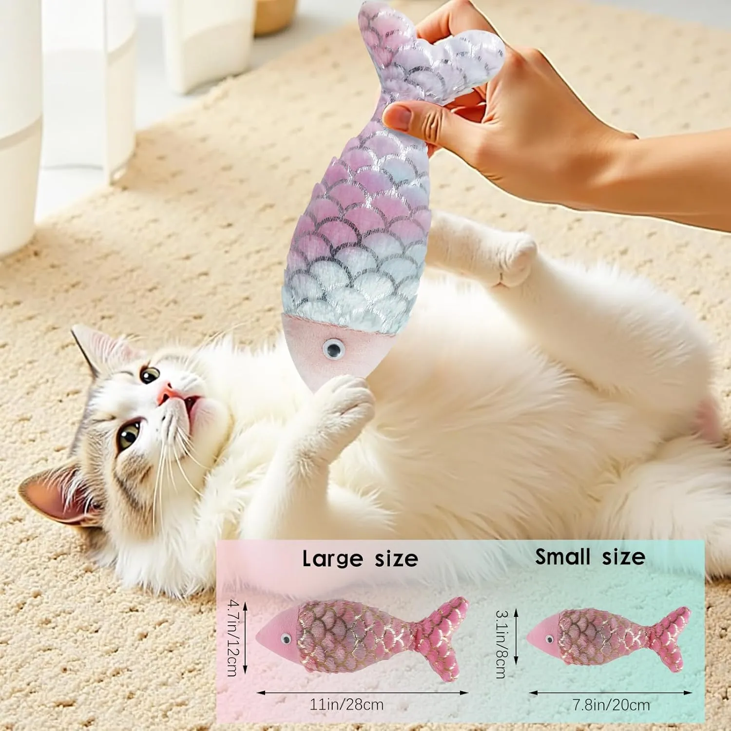 Andiker Cat Fish Toys, 10 Inches Plush Catnip Toys with Soft Rainbow Scales and Cotton Hugging, Biting and Chewing Interactive Cat Toys for Indoor Cats and Kitten (Colorful, L)