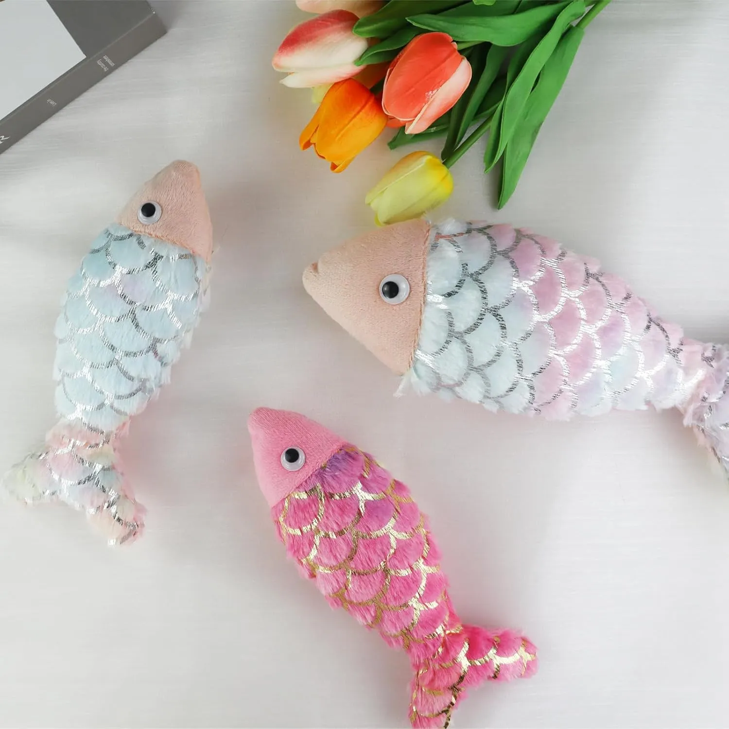Andiker Cat Fish Toys, 10 Inches Plush Catnip Toys with Soft Rainbow Scales and Cotton Hugging, Biting and Chewing Interactive Cat Toys for Indoor Cats and Kitten (Colorful, L)