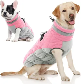AOFITEE Dog Coat, Warm Dog Winter Coat, Reflective Turtleneck Large Dogs Jacket with Harness Built in, Turtleneck Pet Winter Jacket, Waterproof Pet Snow Jackets Fleece Vest, Pink XL