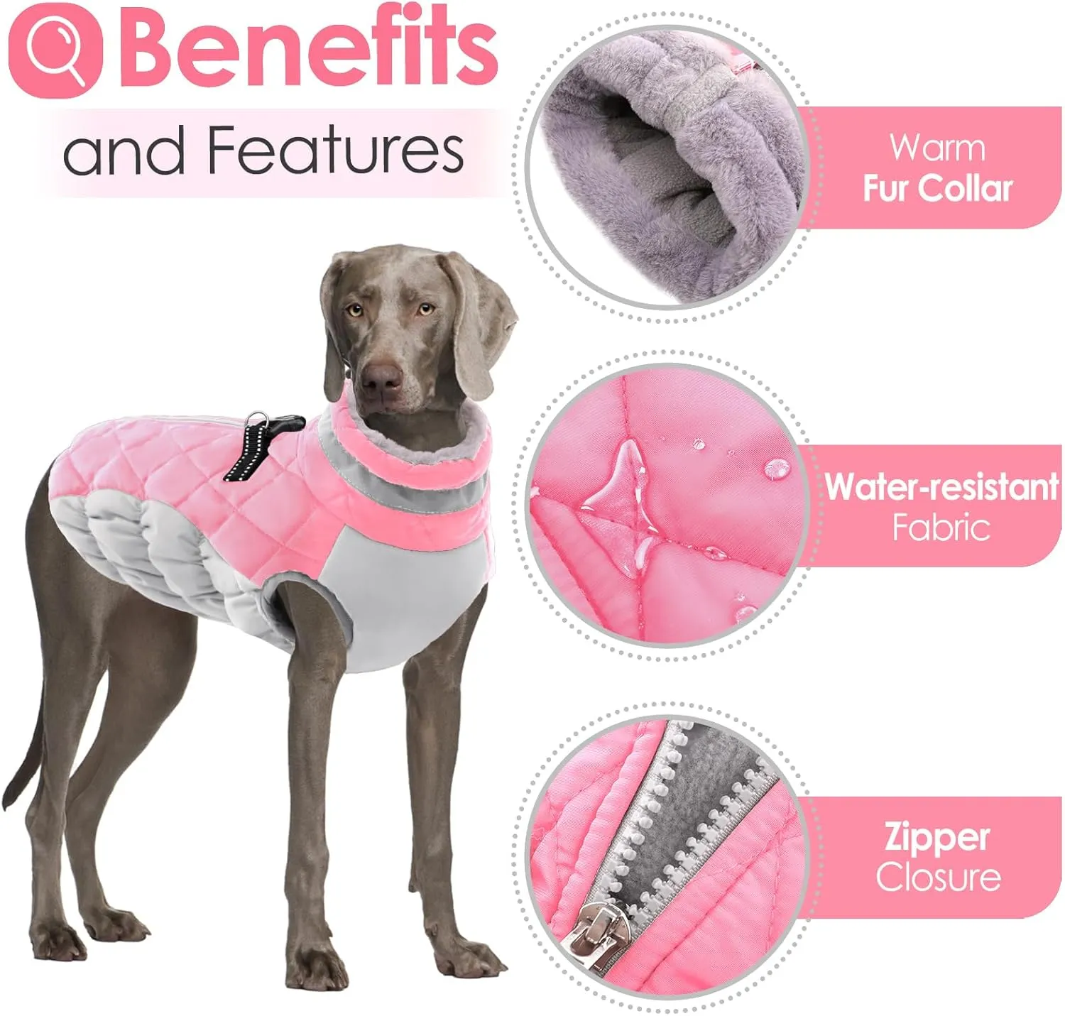 AOFITEE Dog Coat, Warm Dog Winter Coat, Reflective Turtleneck Large Dogs Jacket with Harness Built in, Turtleneck Pet Winter Jacket, Waterproof Pet Snow Jackets Fleece Vest, Pink XL