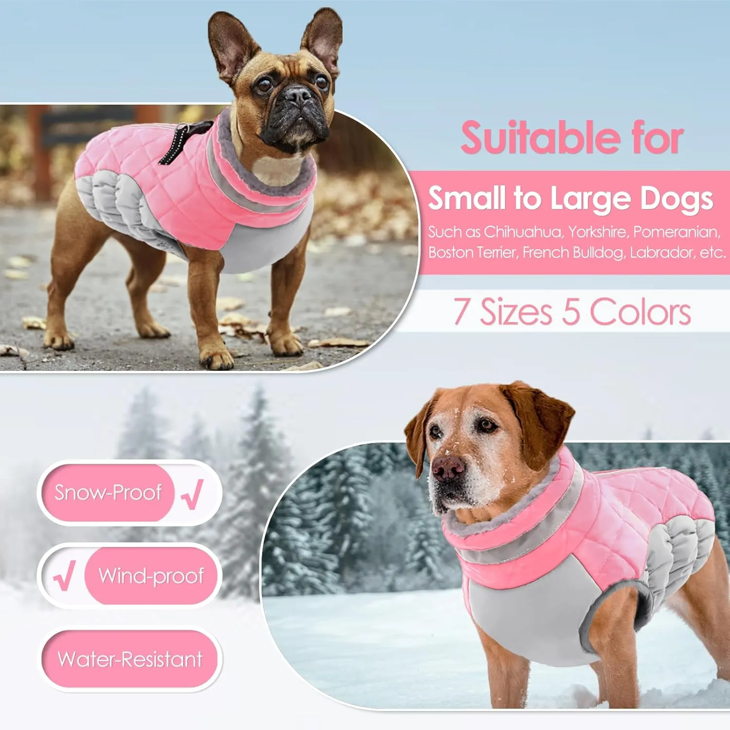 AOFITEE Dog Coat, Warm Dog Winter Coat, Reflective Turtleneck Large Dogs Jacket with Harness Built in, Turtleneck Pet Winter Jacket, Waterproof Pet Snow Jackets Fleece Vest, Pink XL