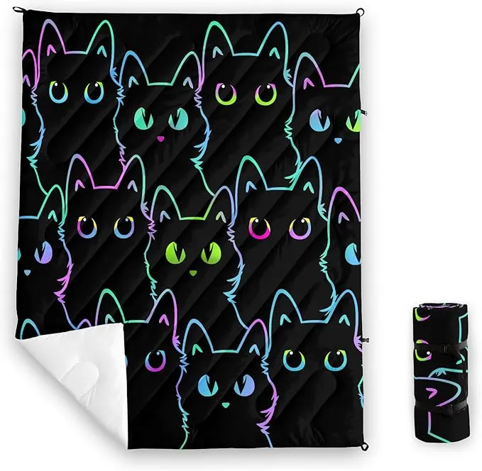 Axolotl Black Neon Cat Camping Blanket,Silhouette Cat Packable Outdoor Blanket,Blue Green Waterproof Lightweight Warm Puffy Printed Blanket,Cat Lover Travel Blanket for Camping,Travel,Stadium,Hiking