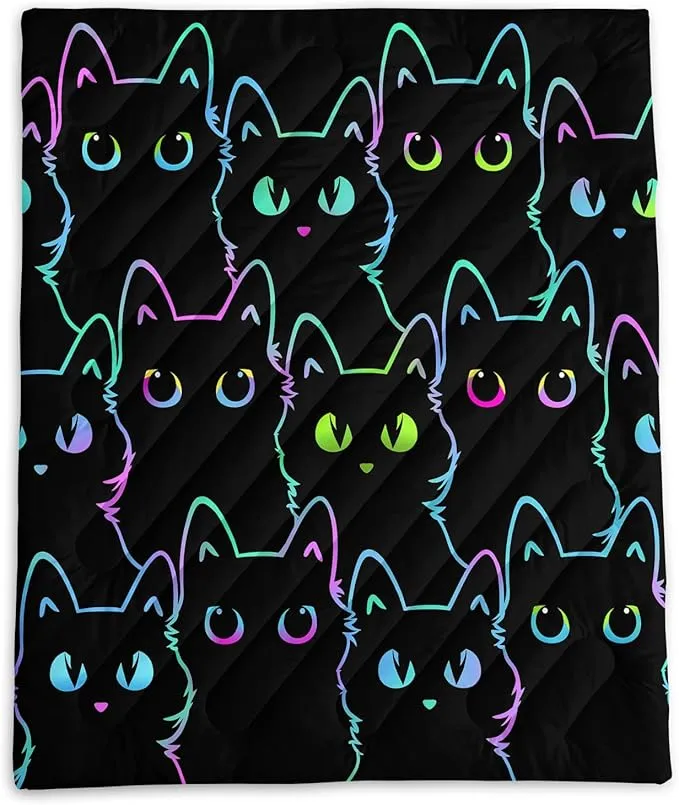 Axolotl Black Neon Cat Camping Blanket,Silhouette Cat Packable Outdoor Blanket,Blue Green Waterproof Lightweight Warm Puffy Printed Blanket,Cat Lover Travel Blanket for Camping,Travel,Stadium,Hiking