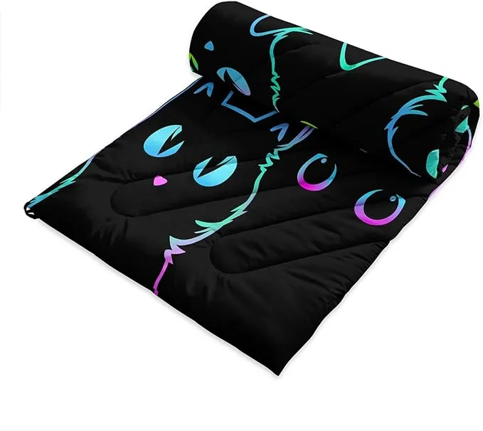 Axolotl Black Neon Cat Camping Blanket,Silhouette Cat Packable Outdoor Blanket,Blue Green Waterproof Lightweight Warm Puffy Printed Blanket,Cat Lover Travel Blanket for Camping,Travel,Stadium,Hiking