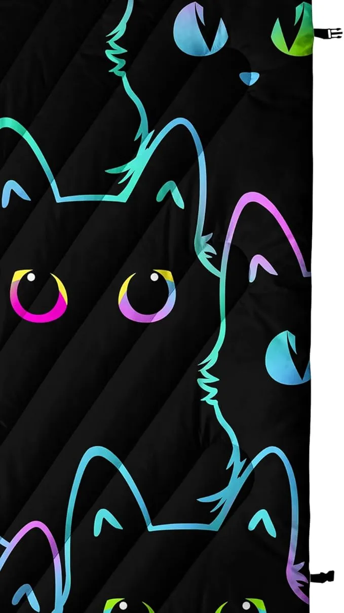 Axolotl Black Neon Cat Camping Blanket,Silhouette Cat Packable Outdoor Blanket,Blue Green Waterproof Lightweight Warm Puffy Printed Blanket,Cat Lover Travel Blanket for Camping,Travel,Stadium,Hiking