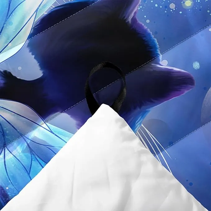 Axolotl Butterfly Cat Camping Blanket,Moon Stars Packable Outdoor Blanket,Glitter Planet Lightweight Waterproof Printed Blanket,Cat Lover Travel Blanket for Camping,Travel,Stadium,Hiking,Navy Blue