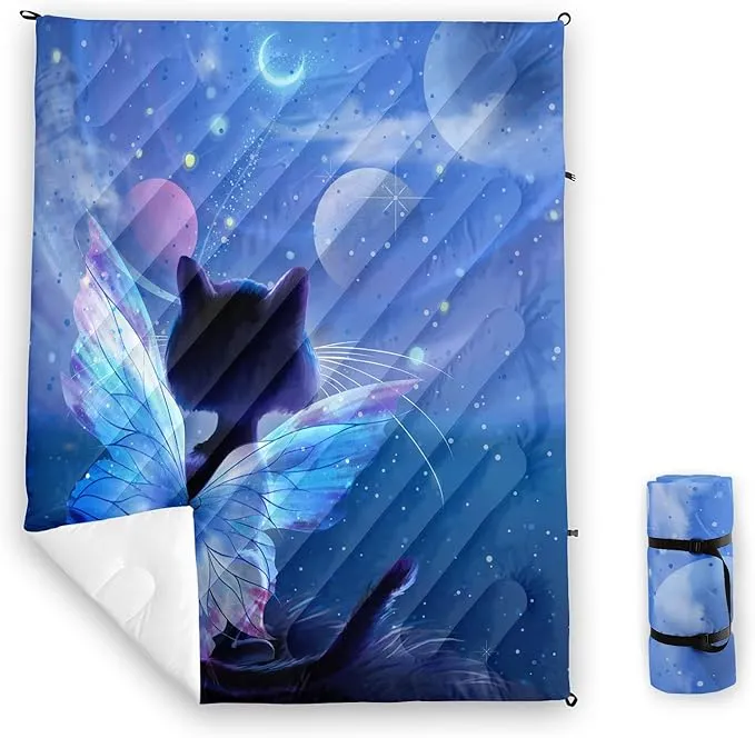 Axolotl Butterfly Cat Camping Blanket,Moon Stars Packable Outdoor Blanket,Glitter Planet Lightweight Waterproof Printed Blanket,Cat Lover Travel Blanket for Camping,Travel,Stadium,Hiking,Navy Blue
