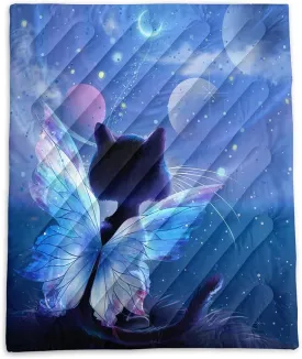 Axolotl Butterfly Cat Camping Blanket,Moon Stars Packable Outdoor Blanket,Glitter Planet Lightweight Waterproof Printed Blanket,Cat Lover Travel Blanket for Camping,Travel,Stadium,Hiking,Navy Blue