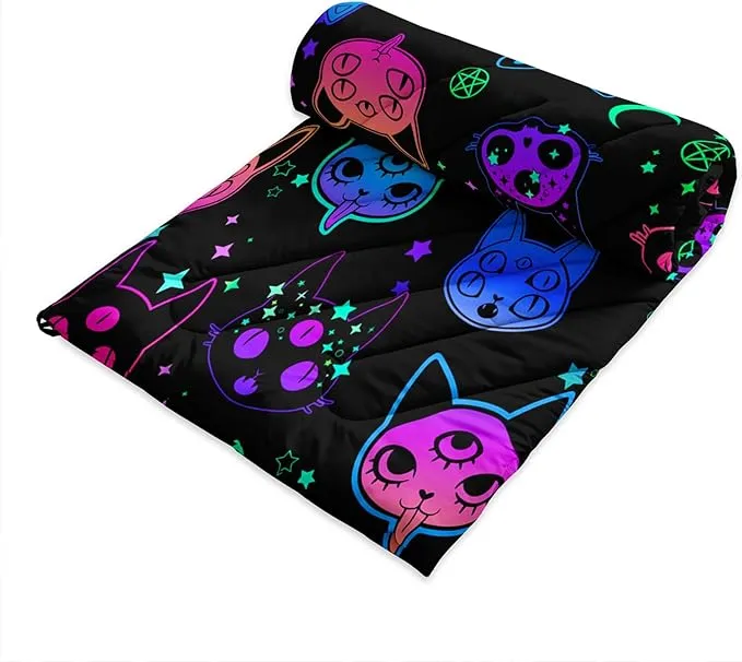 Axolotl Neon Cat Camping Blanket,Ghost Trippy Cat Packable Outdoor Blanket,Star Moon Lightweight Warm Printed Blanket,Funny Cat Halloween Waterproof Travel Blanket for Camping,Travel,Stadium,Hiking