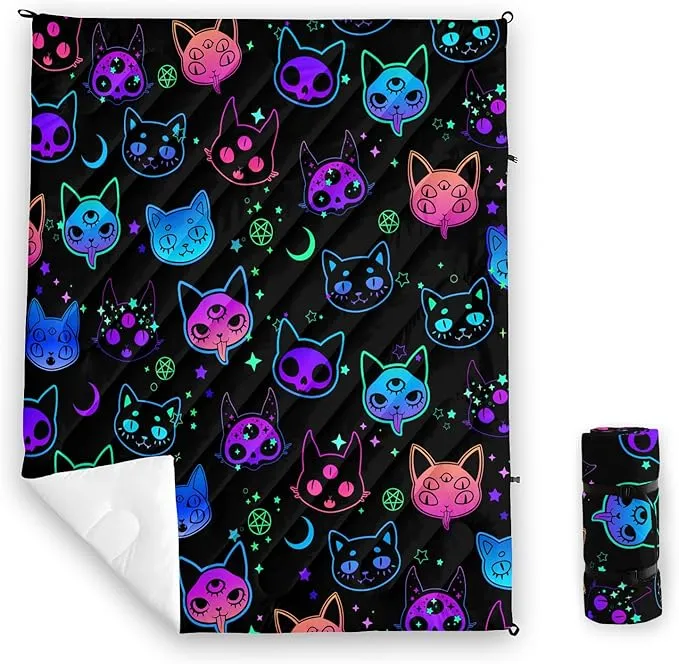 Axolotl Neon Cat Camping Blanket,Ghost Trippy Cat Packable Outdoor Blanket,Star Moon Lightweight Warm Printed Blanket,Funny Cat Halloween Waterproof Travel Blanket for Camping,Travel,Stadium,Hiking