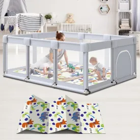 Baby Playpen 74"x50" Play Pens for Babies and Toddlers, Large Play Yards for Indoor & Outdoor with Zipper Gates, Breathable Mesh with MatGray