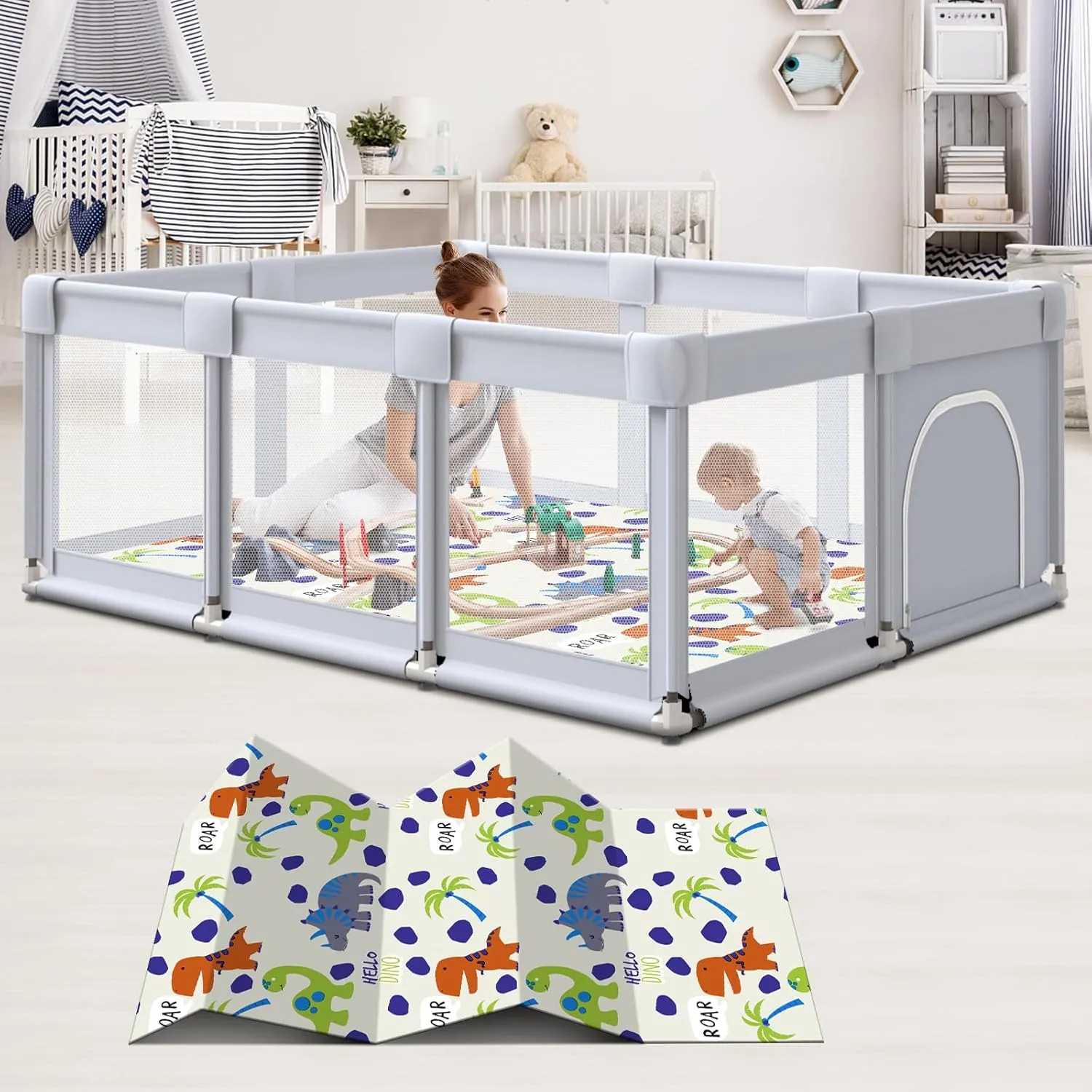 Baby Playpen 74"x50" Play Pens for Babies and Toddlers, Large Play Yards for Indoor & Outdoor with Zipper Gates, Breathable Mesh with MatGray