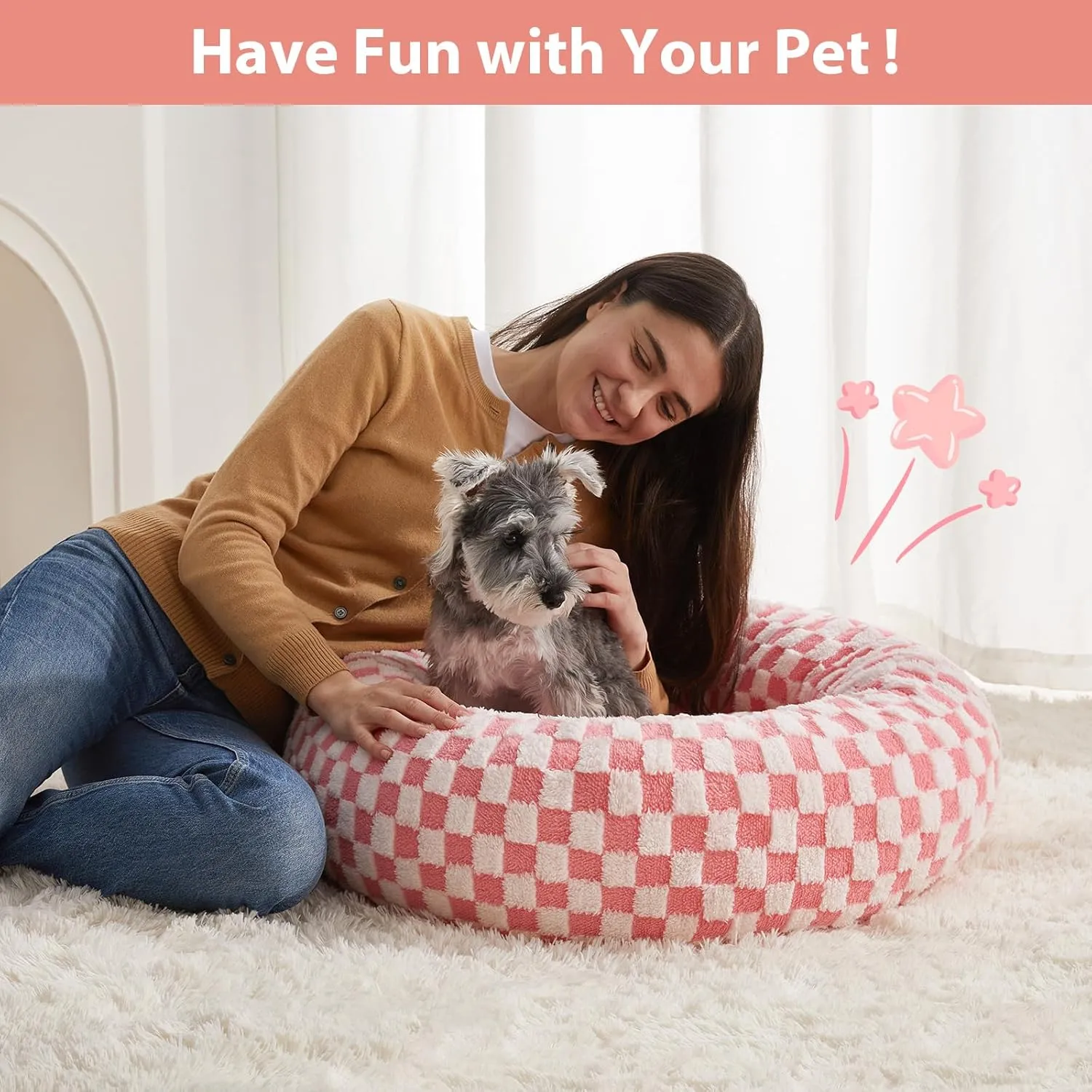 BFPETHOME Donut Dog Beds for Small Dogs, Round Cat Beds for Indoor Cats, Calming Pet Bed for Puppy and Kitty with Non-Slip Bottom, Cute Fancy Dog Bed Machine Washable Plush Fabric