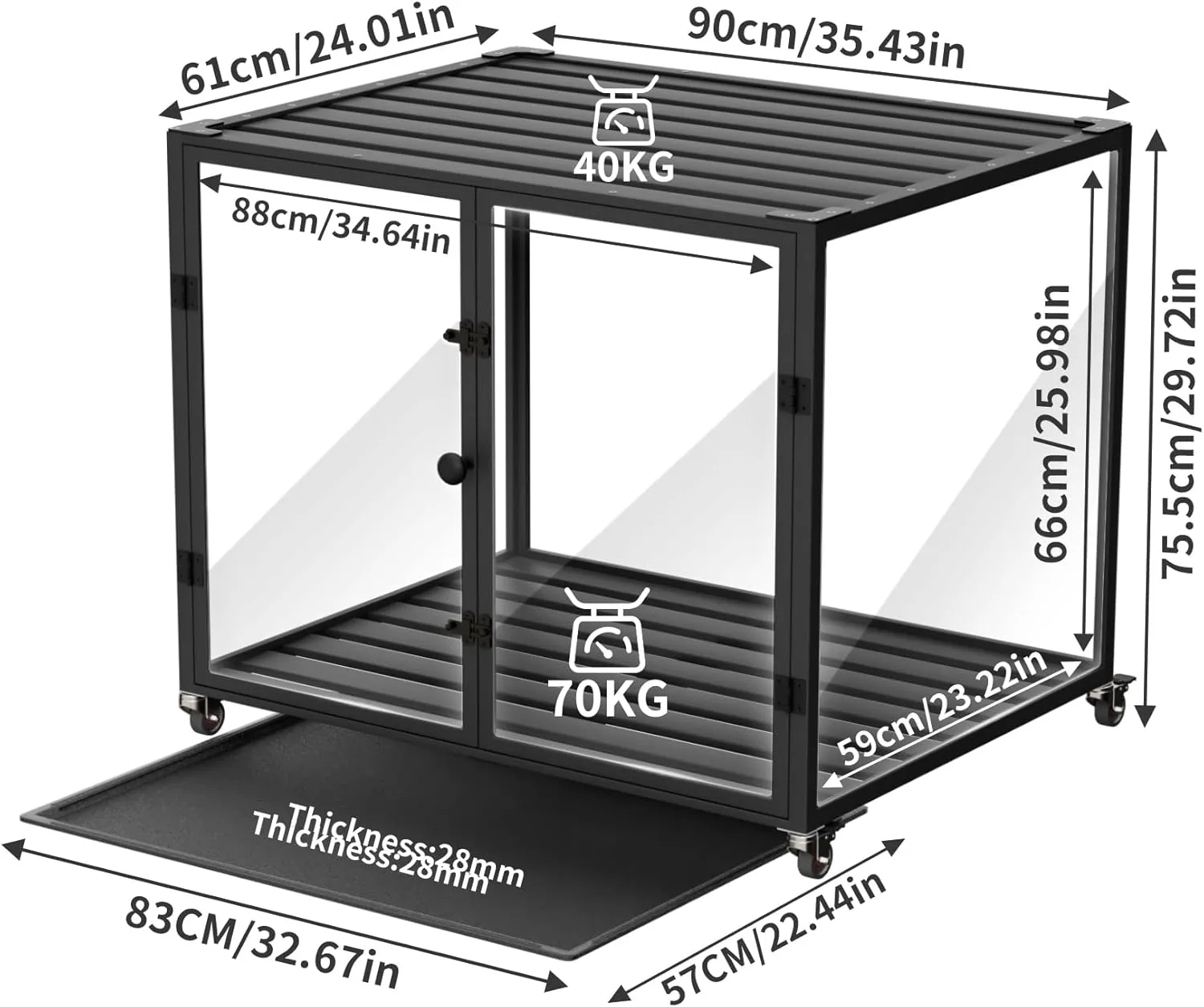 BingoPaw Clear Dog Crate Furniture: Indoor Large Dog End Table Crate Made by 4mm Thick Transparent Tempered Glass and Aluminum Frame - Doggy Metal Drop Cage on Wheels with Removable Tray and Two Doors