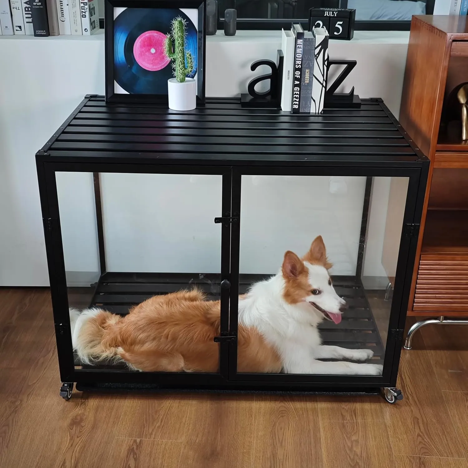 BingoPaw Clear Dog Crate Furniture: Indoor Large Dog End Table Crate Made by 4mm Thick Transparent Tempered Glass and Aluminum Frame - Doggy Metal Drop Cage on Wheels with Removable Tray and Two Doors