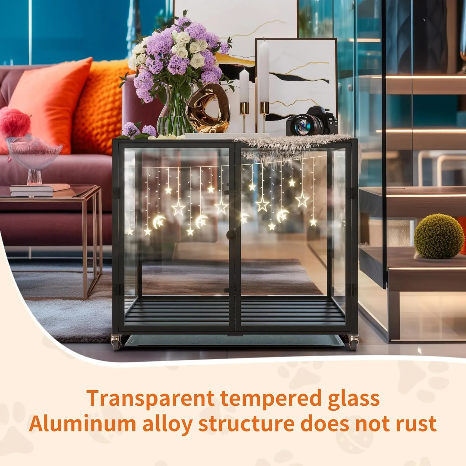 BingoPaw Clear Dog Crate Furniture: Indoor Large Dog End Table Crate Made by 4mm Thick Transparent Tempered Glass and Aluminum Frame - Doggy Metal Drop Cage on Wheels with Removable Tray and Two Doors