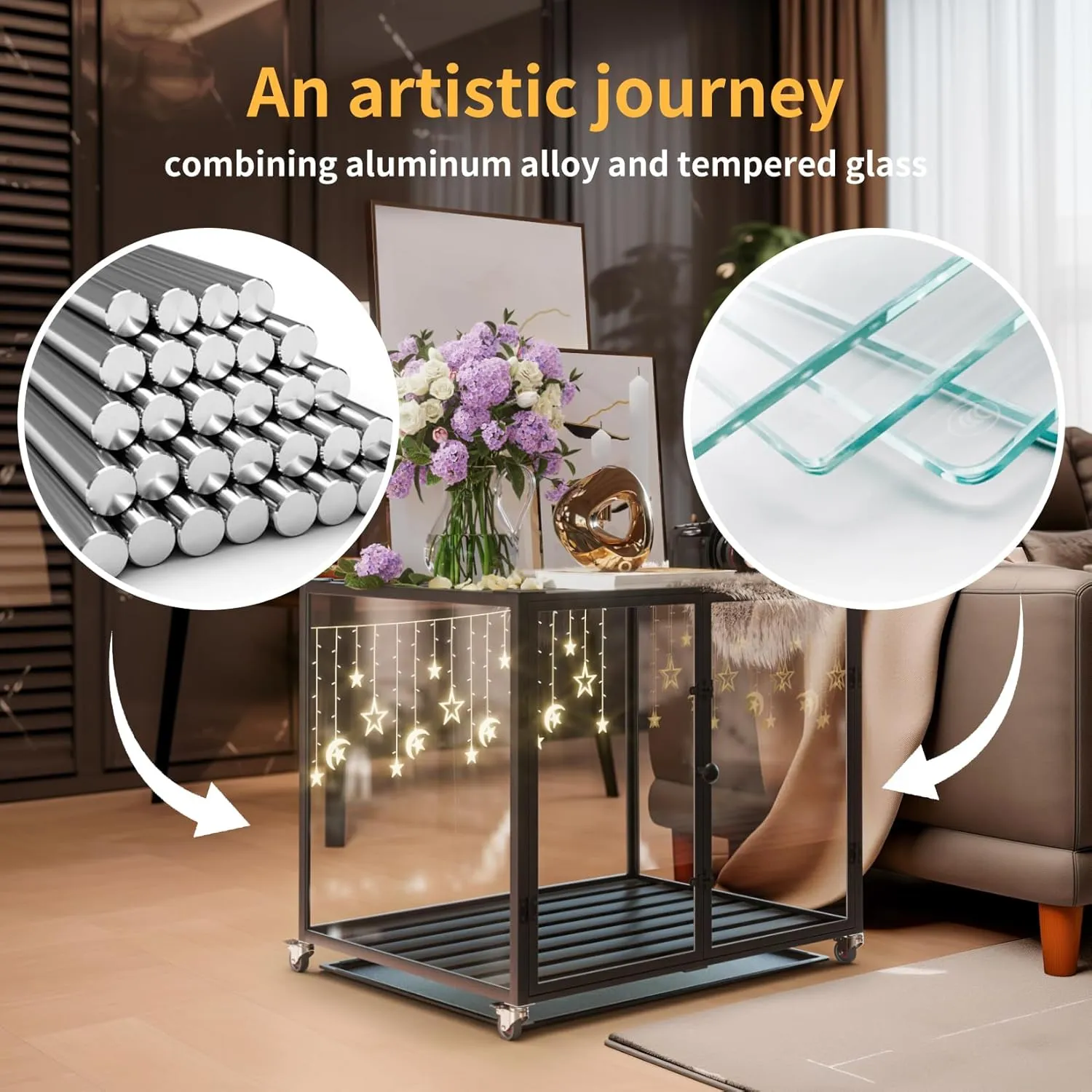 BingoPaw Clear Dog Crate Furniture: Indoor Large Dog End Table Crate Made by 4mm Thick Transparent Tempered Glass and Aluminum Frame - Doggy Metal Drop Cage on Wheels with Removable Tray and Two Doors