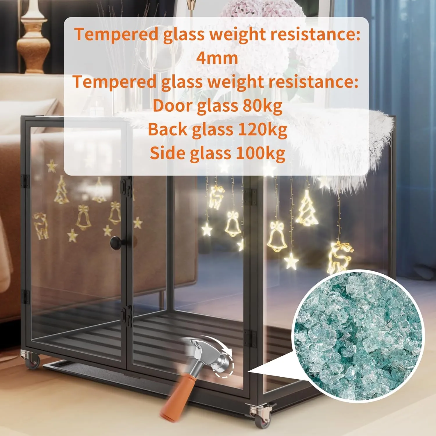 BingoPaw Clear Dog Crate Furniture: Indoor Large Dog End Table Crate Made by 4mm Thick Transparent Tempered Glass and Aluminum Frame - Doggy Metal Drop Cage on Wheels with Removable Tray and Two Doors