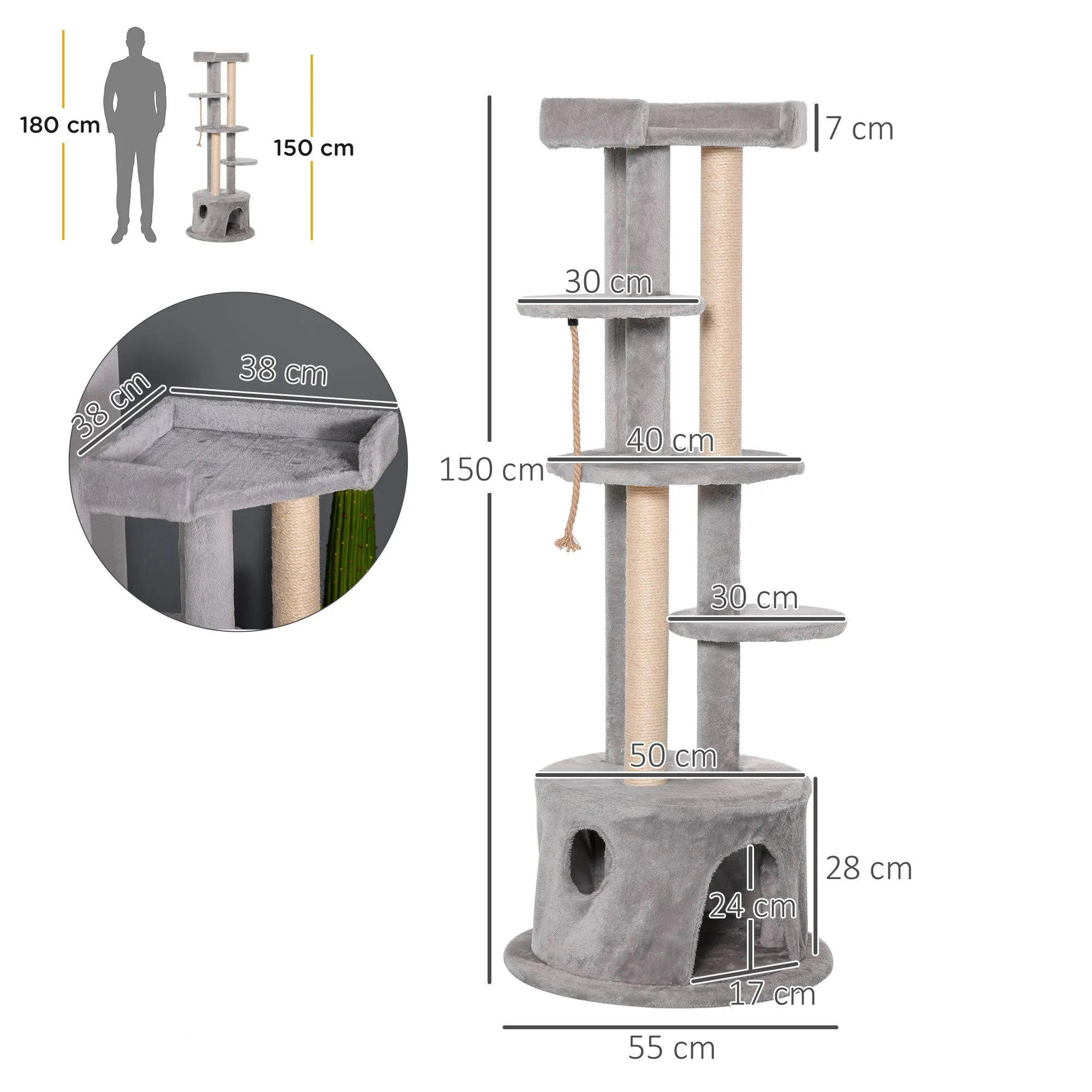 Cat Tree for Indoor Cats Kitten Tower Multi-level Activity Centre Pet Furniture with Scratching Post Condo Hanging Ropes Plush Perches Grey