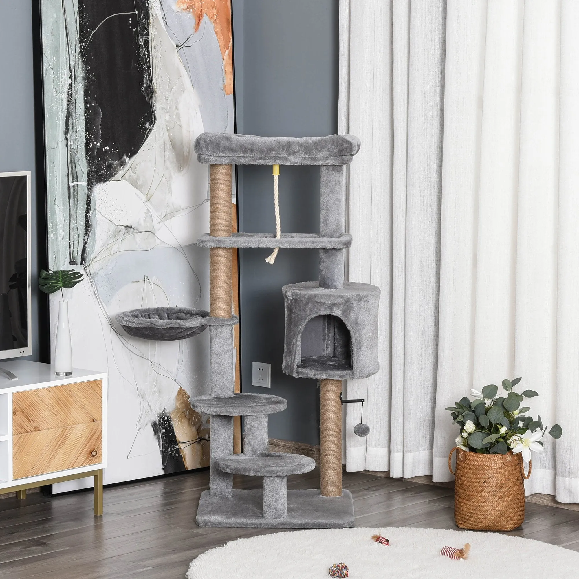 Cat Tree Tower w/ Scratching Post Hammock Hanging Ball Condo Teasing Rope