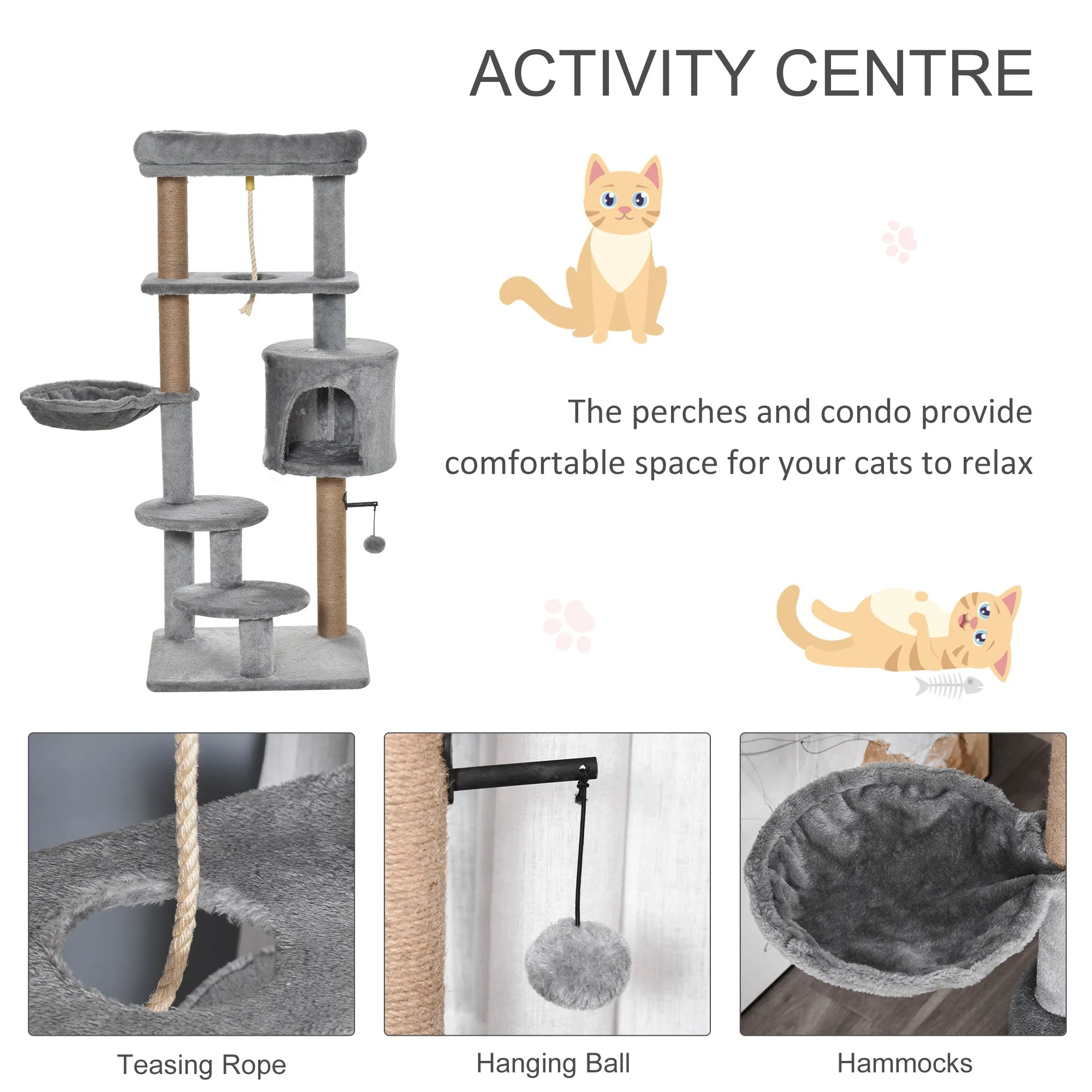Cat Tree Tower w/ Scratching Post Hammock Hanging Ball Condo Teasing Rope
