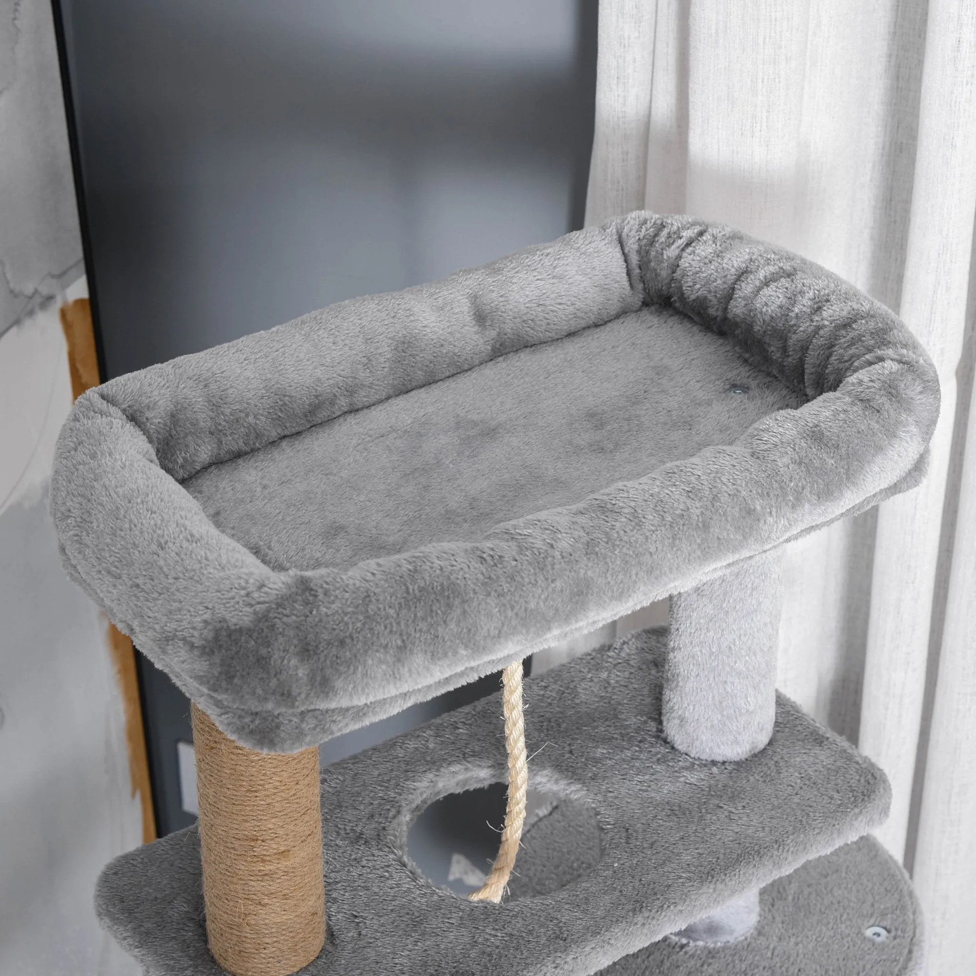Cat Tree Tower w/ Scratching Post Hammock Hanging Ball Condo Teasing Rope