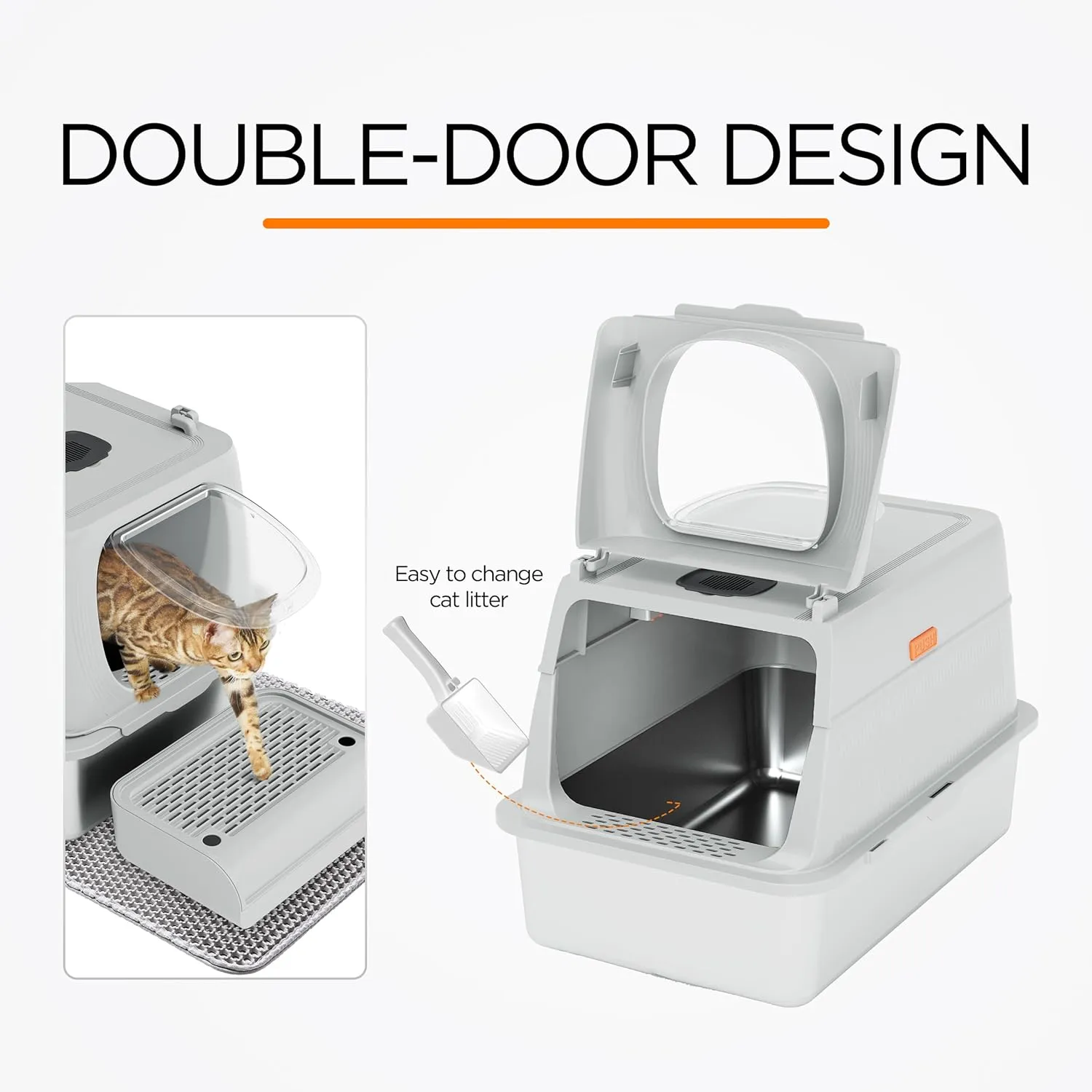 Citylife Stainless Steel Cat Litter Box with LidXL Extra Large Enclosed Removable Metal Litter Box with Litter Scoop&Double Layer Litter Mat,Non-StickyNon-Odor,Easy Cleaning, for Big CatsGrey