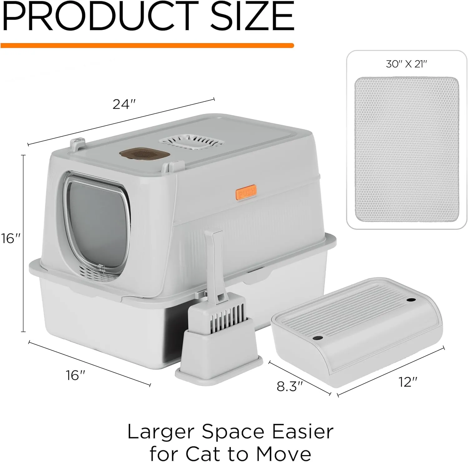 Citylife Stainless Steel Cat Litter Box with LidXL Extra Large Enclosed Removable Metal Litter Box with Litter Scoop&Double Layer Litter Mat,Non-StickyNon-Odor,Easy Cleaning, for Big CatsGrey
