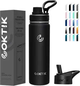COKTIK Insulated Stainless Steel Water Bottle With Straw Lid, 22 oz Wide Mouth Double Wall Vacuum Insulated Water Bottle Leakproof Lightweight for Hiking, Biking, Running(Black)